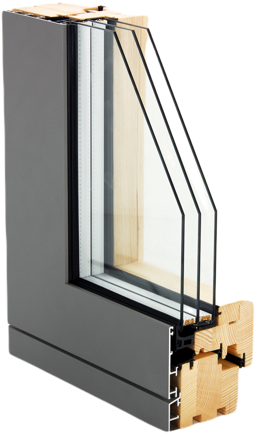 Cross-section of wooden windows London with anthracite-coloured aluminium elements